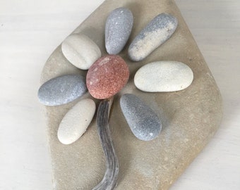 Beach Stone Flower Art • Lake Michigan Pebble Art (7X5")