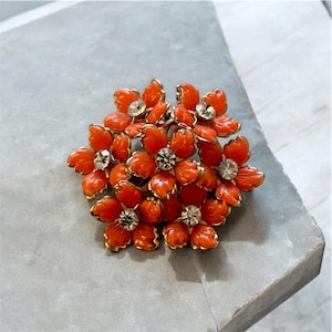 Vintage Orange Flower Rhinestone Brooch, Floral Bouquet Pin, Retro Enamel Statement Jewelry