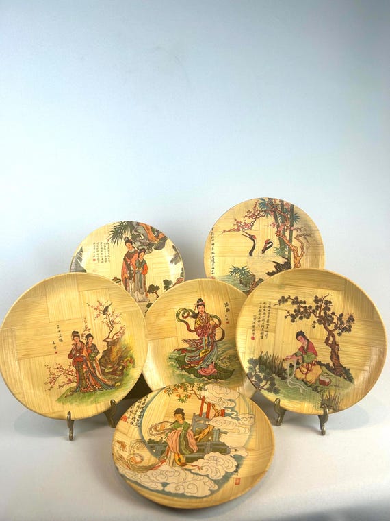 Sechs Servierteller aus Bambus Historischer Portrait-Malerei aus Taiwan Hitze- und wasserbeständige Servier-Teller Chinesische Deko Teller