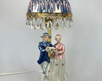 French boudoir table lamp with porcelain figures in Victorian style. Purple table lamp for the dressing table. Porcelain lamp Vtg.