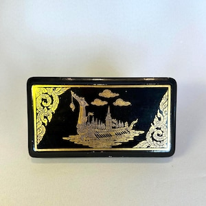 Black lacquer box with Thai lithography Asian wooden box for jewelry Box from Palekh Wooden box Lacquer box Organizer
