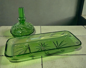 Dressing table set made of green pressed glass bottle and bowl vintage glass bottle vanity decor bottle bathroom MCM glass decoration Vtg
