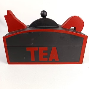 Caja de té de madera vintage, caja de madera negra y roja con forma de tetera, caja para guardar té, caja de cocina de estilo rústico, idea de regalo original, lata de té retro