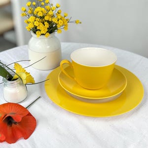Villeroy & Boch Kaffeegedeck Gelb und Pinke Vintage 70er Jahre 3-teiliges Set Tasse Kuchenteller Mid Century Retro Geschirr Pop Art Pottery