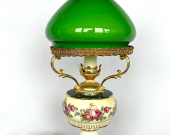 Florentine porcelain table lamp with green glass shade and brass holder glass lamp kitchen shabby chic lamp Italian decorative lamp vintage