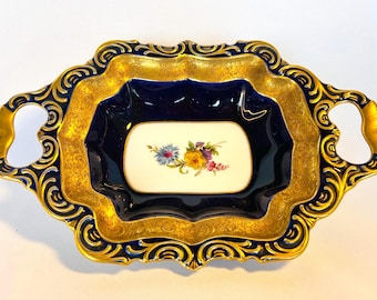 Opulent bowl by Lindner Porcelain, genuine cobalt, antique gold, handmade, vintage, ornamental bowl, golden Empire style porcelain bowl, Victorian Revival