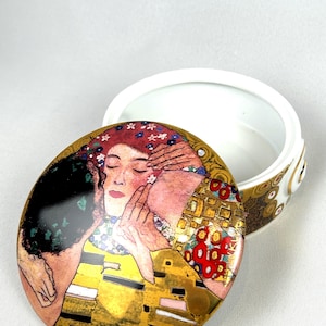 Hand-painted lidded box with art by Gustav Klimt - Stoclet Frieze. Iridescent art box by Goebel. Porcelain bowl.