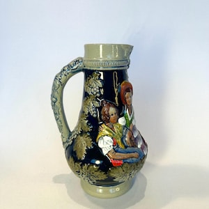 Colorful 70s ceramic jug with pretty relief Old pub wine jug Ceramic jug Vintage country house style tableware Shabby Chic jug