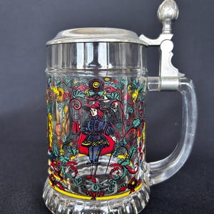 Colorful beer mug with medieval decorations. Beautifully painted glass mug with pewter lid. Vintage glass mug. Barware. Oktoberfest mug.