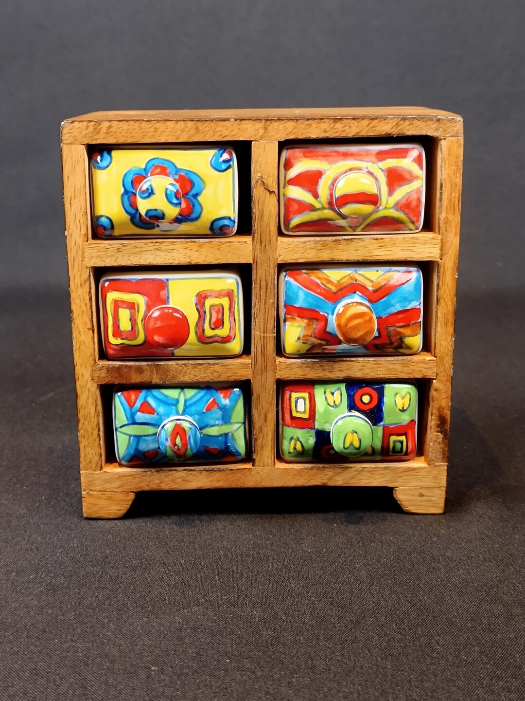 Vintage Mini Wooden Spice Rack With 6 Hand-painted Ceramic Drawers ...