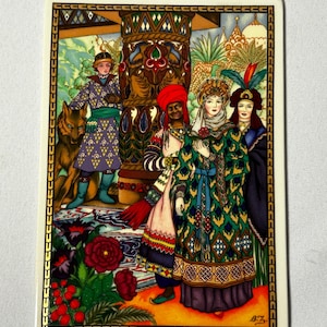 Puede incluir: Una ilustración colorida de cinco personas con ropa tradicional de pie frente a un gran pilar. Las personas están rodeadas de flores y vegetación. La ilustración está enmarcada en un borde dorado.