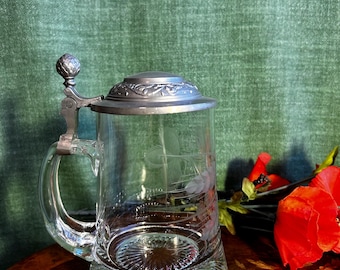 Vintage Beer Steins | Hand-cut Beer Stein with Hops and Wheat Ears | Glass Stein with Pewter Lid | Traditional Beer Stein with Equestrian Scene
