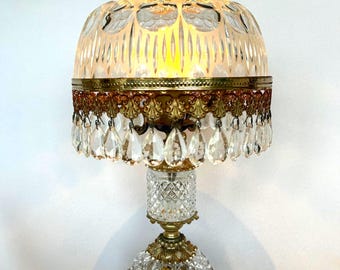 French boudoir table lamp made of Michelotti crystal glass with a putti/cherub brass figure Victorian style lamp crystal light Vtg