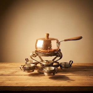 Juego de fondue suizo sobre soporte giratorio | Olla de fondue de cobre con quemador de alcohol | Cultura de mesa alpina | Fondue de queso vintage | Estilo rústico