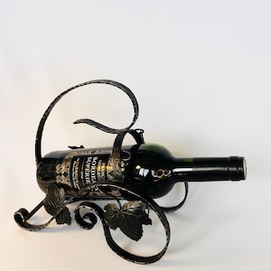 French black wrought iron wine bottle holder. Elegant barware for wine bottle holder. Vtg bar horse cart metal decoration kitchen.
