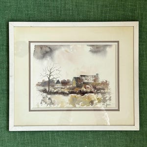 Imagem de arte romântica de paisagem de inverno em aquarela do artista MC Tehel, imagem de arte de fazenda em aquarela, estilo de casa de campo, decoração de parede vintage