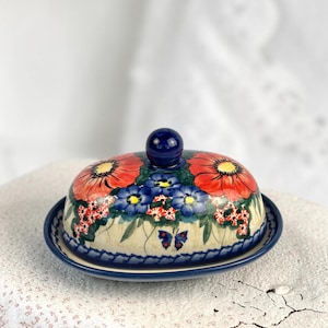 Vintage Butterdose Keramik Handbemalt | Bunzlauer Stil Butterglocke Mohnblumen & Schmetterling | Polish Pottery Unikat Landhausdeko