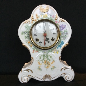 French clock porcelain vintage table clock gift antique porcelain table clock L&#39;Horloge Aux Heures Florales 1982 floral painting clock