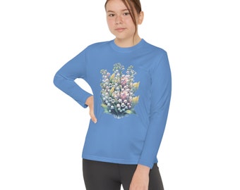 Lily of the Valley Floral Youth Long Sleeve Competitor Tee,  May Birth Flower Shirt, Girls Shirt, Flower Long Sleeve, Floral Shirts