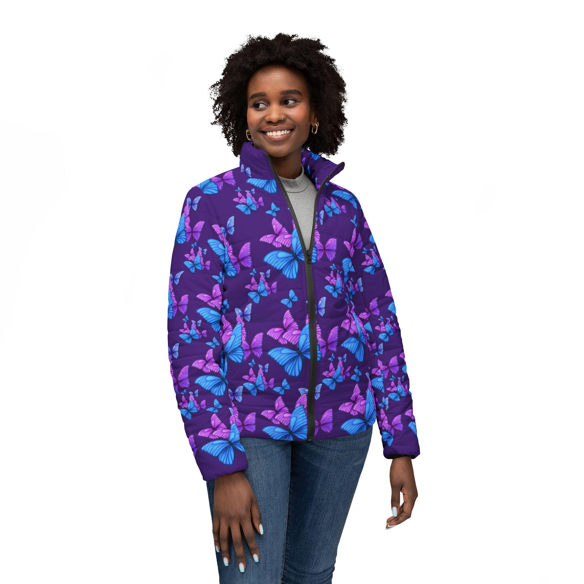 Butterfly Print Puffer Jacket: Women's Quilted Purple Winter Coat