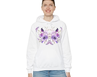 Women's Heavy Blend™ Hooded Sweatshirt Butterfly Purple Floral Stem
