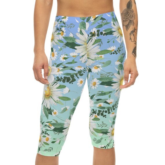 Leggings Capri con stampa floreale a margherita blu acqua: collant