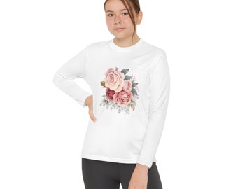 Rose Floral Youth Long Sleeve Competitor Tee Shirt,  Flower Shirt, Garden Shirt, Girls Shirt, Flower T-shirt, Floral Shirts, Floral Tee