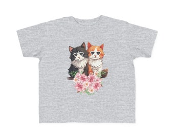 Toddler Fine Jersey Girl's Tee Shirt Pink Floral Cool Cats Kids Shirt Garden Shirt Flower Tee Animal Cat Shirt  Pink Floral Shirt