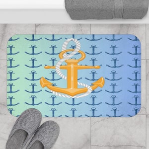 Anchors Away Memory Foam Bath Mat: Light Blue Nautical Decor