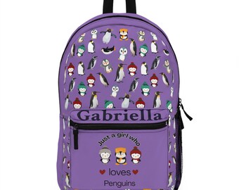 Personalized Purple Penguin Backpack: Kids School Travel Bag