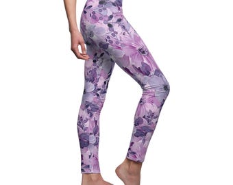 Floral Print Leggings: Purple Pink Brushed Suede, Yoga Wear