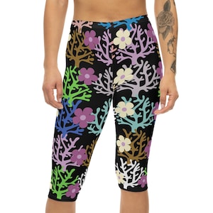 Floral Capri Leggings - Women&#39;s Yoga Pants, Black Leggings, Twigs Capri, Workout Clothes, Floral Athletic Tights