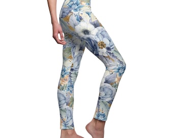 Blue Floral Leggings: Women's Yoga Pants, Country Style