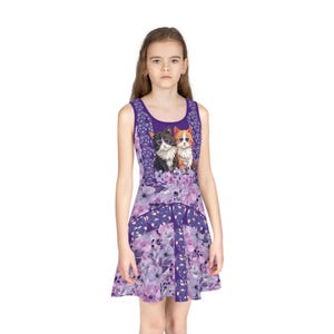Girls&#39; Purple Cat Sundress: Sleeveless Summer Outfit