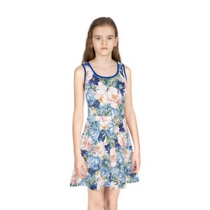 Girls Floral Sundress: Pink Rose Blue Floral Stem Outfit