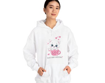 Cat Heart Print Hoodie, Women's Pullover Sweatshirt