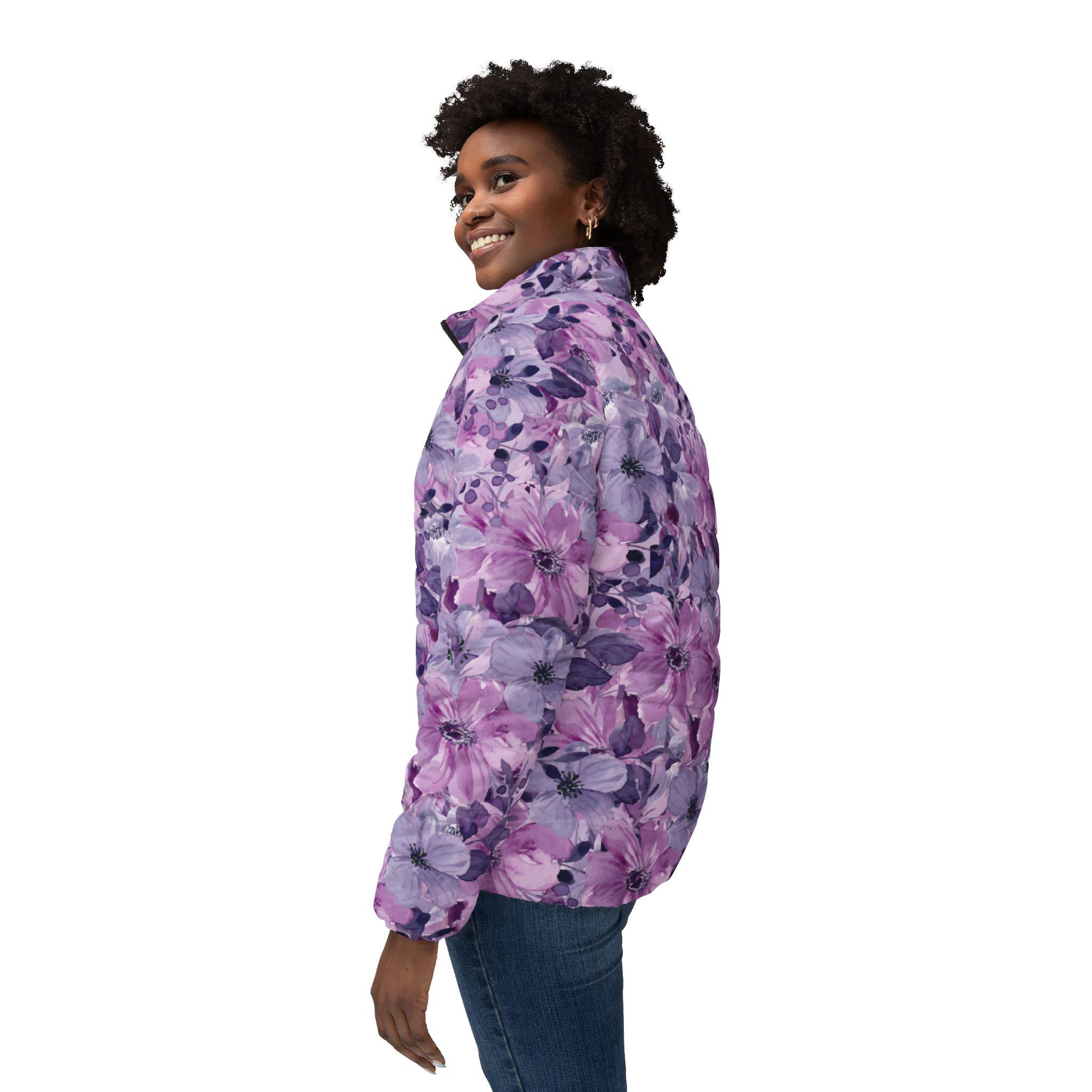 Purple Pink Floral Puffer Jacket | Quilted Winter Coat, Flower