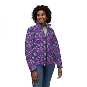 Purple Floral Puffer Jacket: Lightweight Sparkly Winter Parka