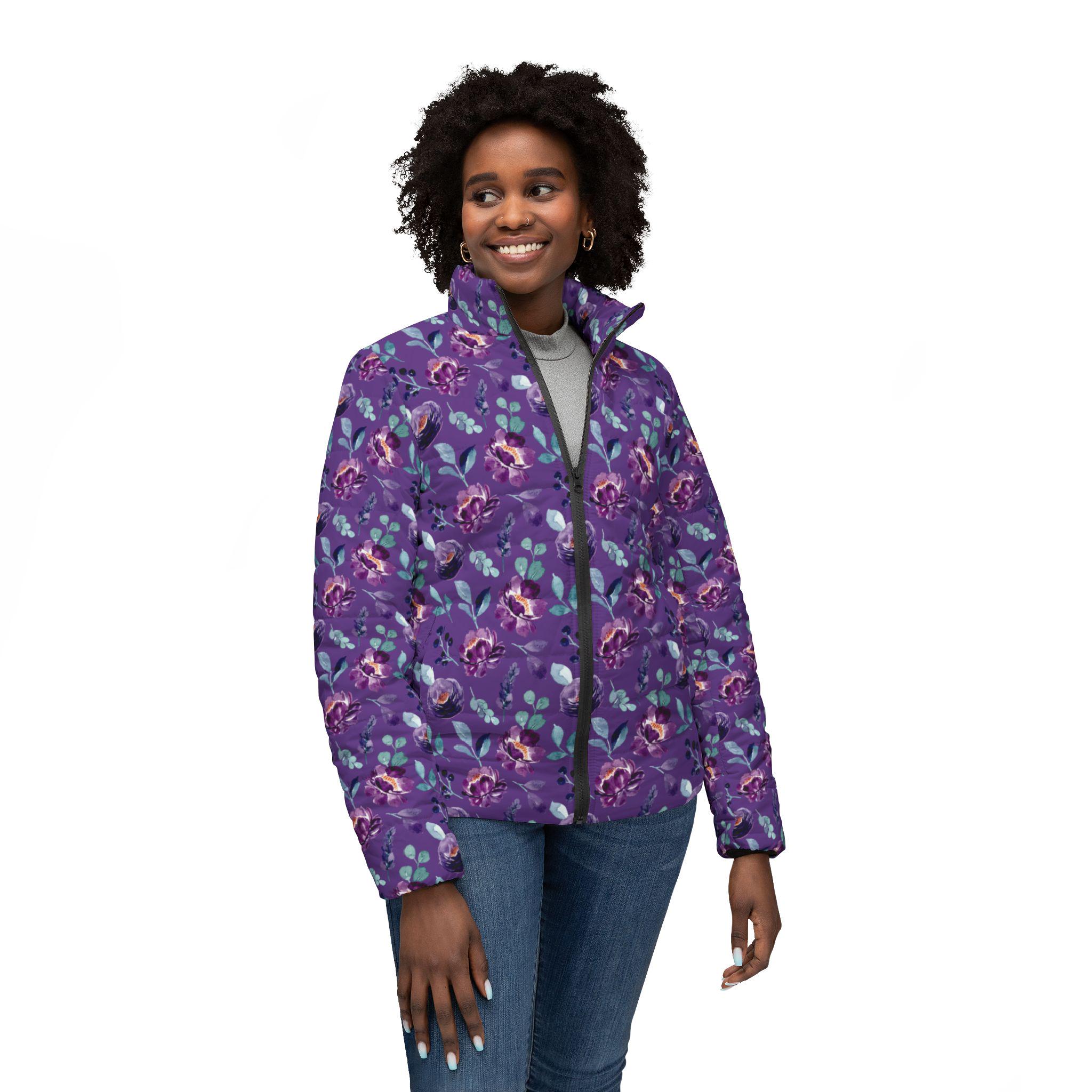 Purple Floral Puffer Jacket: Lightweight Sparkly Winter