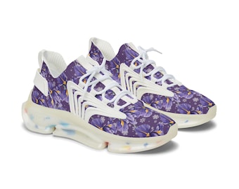 Purple Floral Mesh Sneakers, Women's Athletic Fashion Footwear
