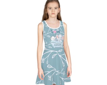 Love Elephants-zonnejurk: blauwe zomerjurk met takken