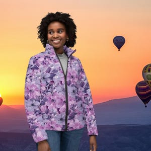 Floral Puffer Jacket: Purple Pink Flower Pattern, Lightweight Quilted Coat