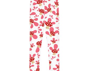 Cute Mushroom Kids White Full-Length Leggings (AOP), Trendy Kids Pants, Soft Stretch Leggings, Birthday Leggings, Dance Leggings