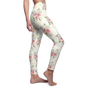 Vintage White Floral Leggings Women's Cut & Sew Casual Leggings | Stretchy Lounge Trousers
