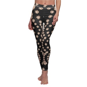 Leggings, Women&#39;s Cut & Sew (AOP) Casual Leggings, Beige Floral Black Yoga Pants, Fashion Clothing, Everyday Wear