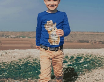 T-shirt à manches longues pour tout-petit à fleurs bleu country Kittie, chemise enfant, chemise chat, manches longues chat, chemise animal