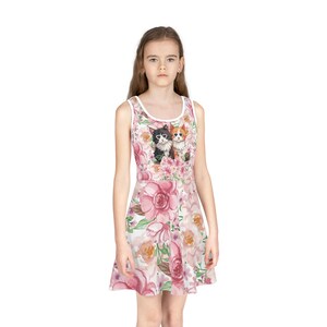 Girls Sleeveless Sundress (AOP) Cat Dress Cat Short Sleeve Dress Kitten Floral Dress Kitten Flower Dress Pink Floral Cool Cats Dress