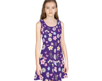 Girls Purple Floral Sundress: Sleeveless Summer Party Dress