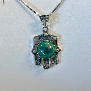 925 Sterling Silver Hamsa Charm Pendant with Eilat stone,Hand Protection Necklace ,Judaica Jewlery,Israeli Gift,Handmade Jewelry Necklace.