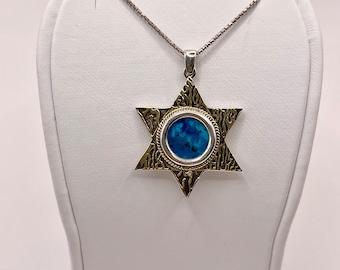 Sterling Silver Star of David Necklace: Eilat Stone, 9k Gold, Judaica